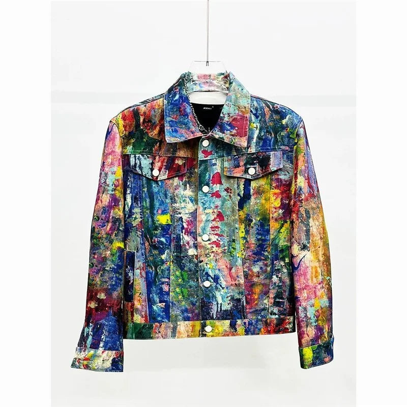 Urban Graffiti Oil Painting Denim Jacket Men's Loose Casual Fashionable Versatile Short Sleeve Flip Collar Coat by BuPaiDui