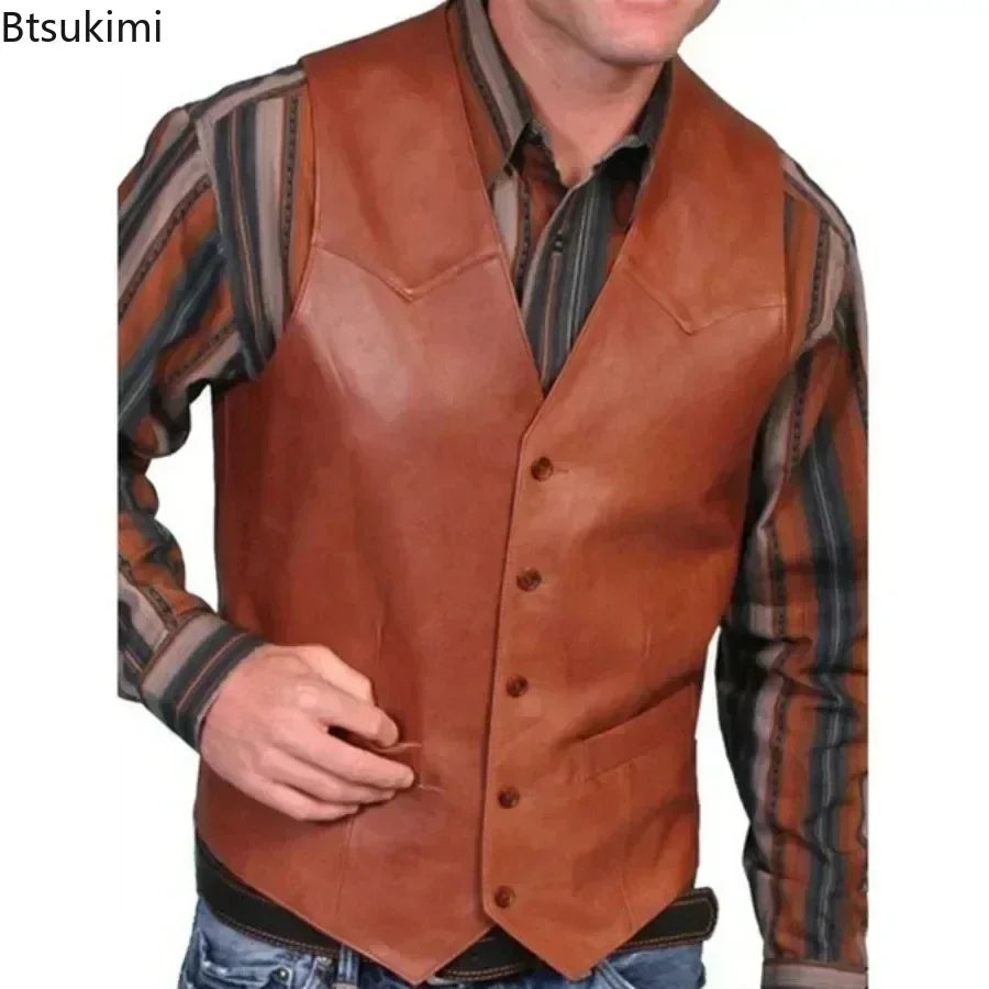 New2026 Men's Casual Leather Vests Punk Style V-Neck Party Stage Performance Costume Business Waistcoat Sleeveless Vest Men Tops