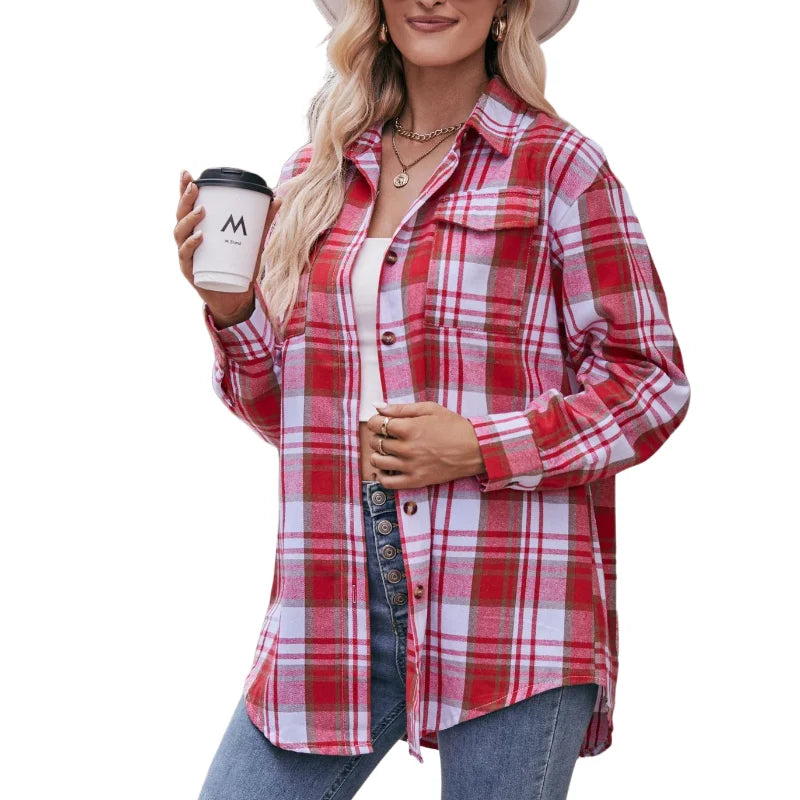 Women Plaid Long Sleeve Shirt Lapel Button Down Oversized Blouse Casual Loose Tunic Top Classic Checkered Pattern Casual Daily