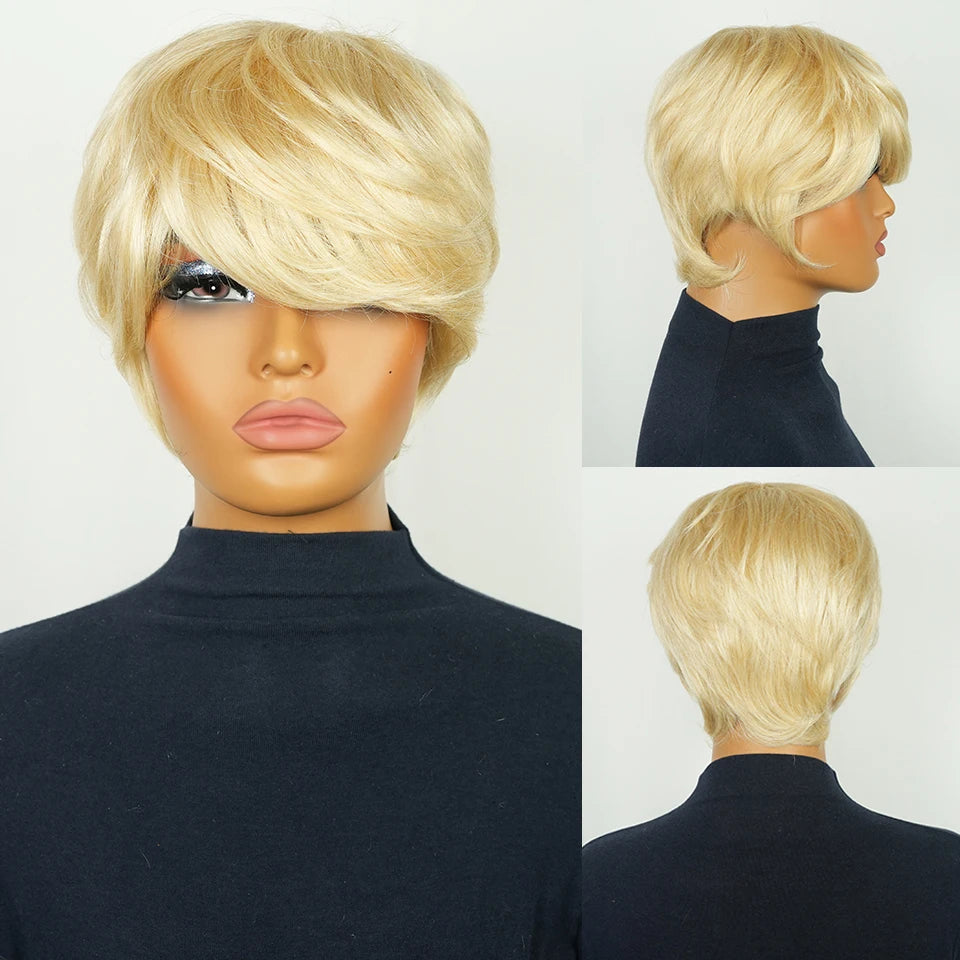 Women'S Short 613 Blonde Straight Bob Pixie Cut Human Hair Layered Wig With Bangs Full Machine Made Universal Wig For Daily Wear