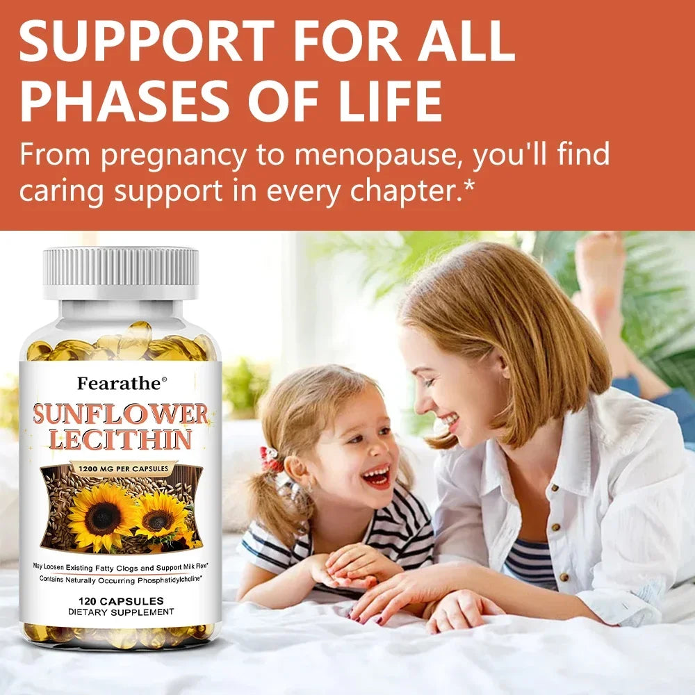 Sunflower Lecithin Supplement, 1200 Mg, Energy Support, Relieves Blocked Milk Ducts, Promotes Liver and Brain Health, Non-GMO