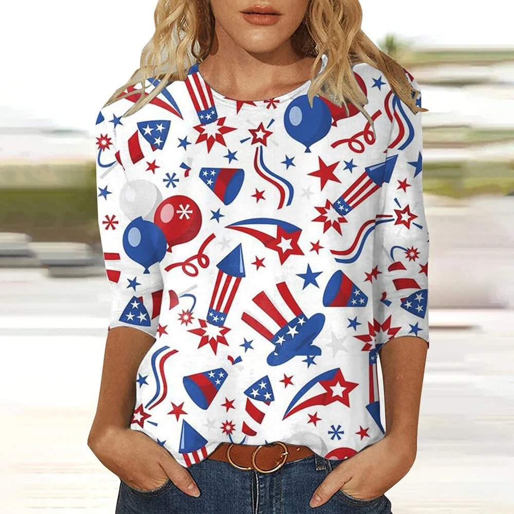 2024 New Women's American Flag Pattern Long Sleeve T-Shirt Designer Trendy Clothing Casual Pullover Round Neck Fashion T-Shirt