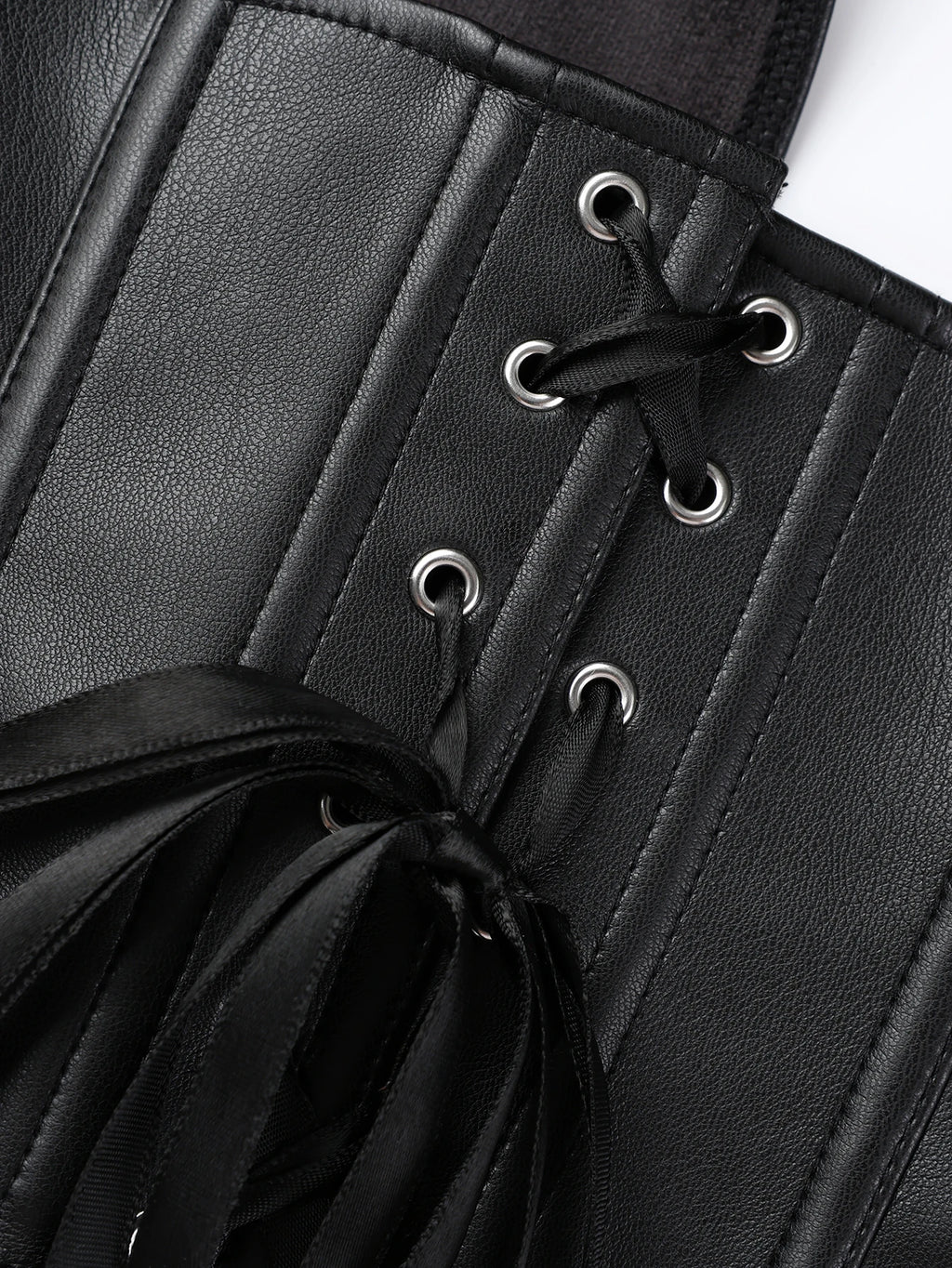 Punk girl collar style faux leather corset with multiple straps and fish bone elastic waistband for shaping the body. Tight top.