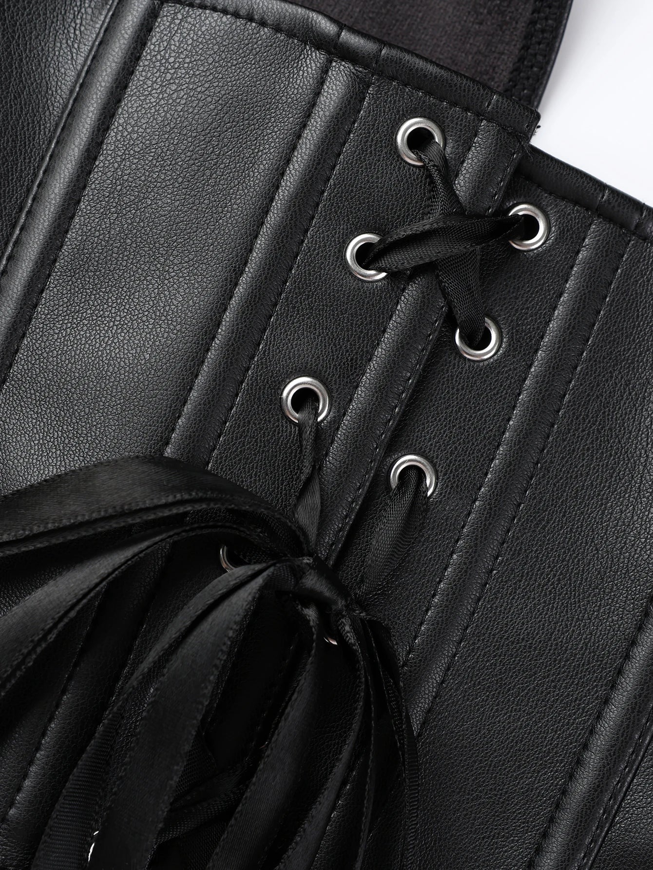 Punk girl collar style faux leather corset with multiple straps and fish bone elastic waistband for shaping the body. Tight top.
