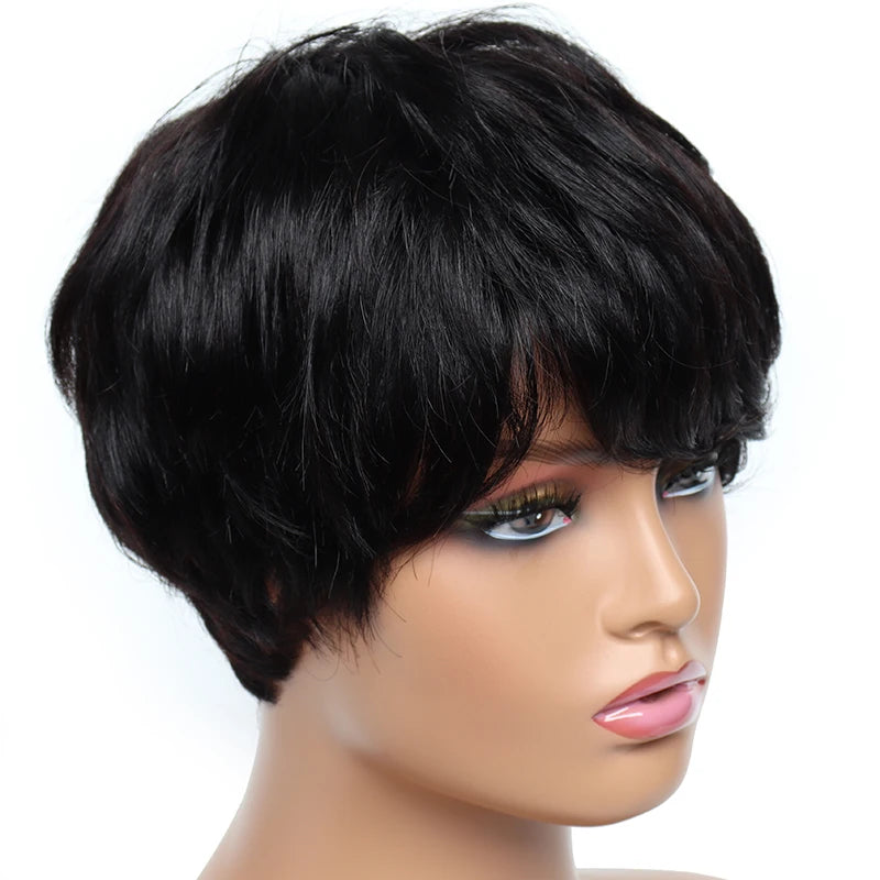 Cheap Short Human Hair Wigs with Bangs 6inch Short Pixie Cut Straight Wig 100% Human Hair for Women Machine Made