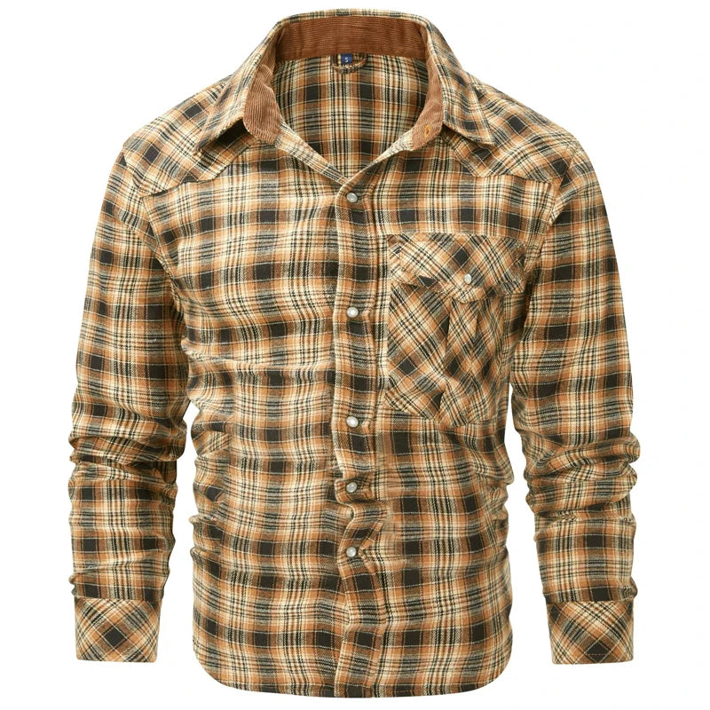 Spring Autumn Men's Plaid Shirts Men Retro Pearl button Long Sleeve Cotton Shirt Mens Windbreaker Flannel Shirt Clothing