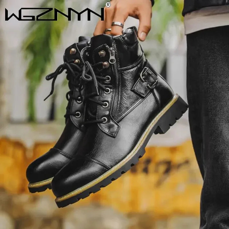 Men Motorcycle Leather Boots Double Zipper Square Heel Males Shoes Fashion Leisure Design Men Cycling Boot 2025 Autumn Winter