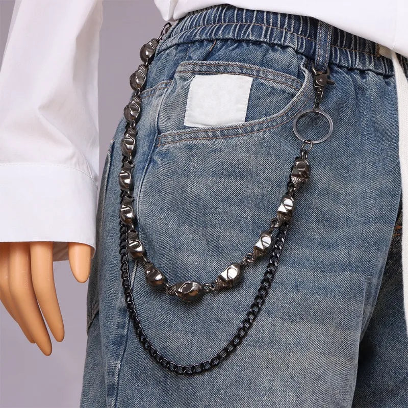 Gothic Punk Curb Chain with Skull Pendants Heavy Duty Black Waist Chain for Men Women Hip Hop Y2K Keychain Belts Accessory