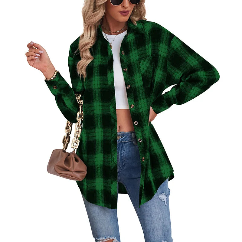 2025 Women's Retro Plaid Shirt Long Sleeve Button Cardigan Top Loose Street Fashion Casual Blouses for Female