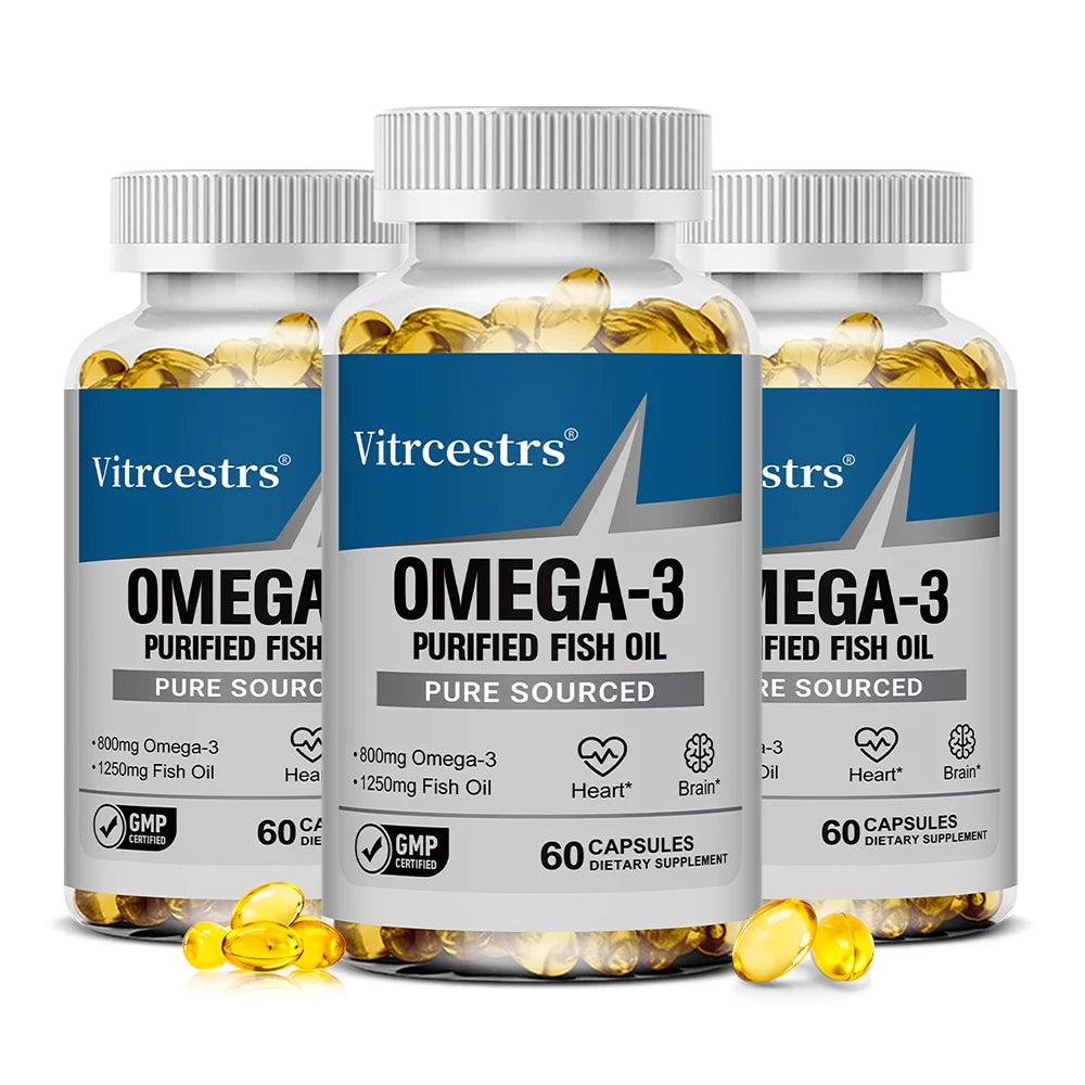 Omega 3 Fish Oil 1250mg Softgels - 400mg EPA 300mg DHA, High Potency Brain Heart Joint Health, Wild Caught, 60/120 Counts