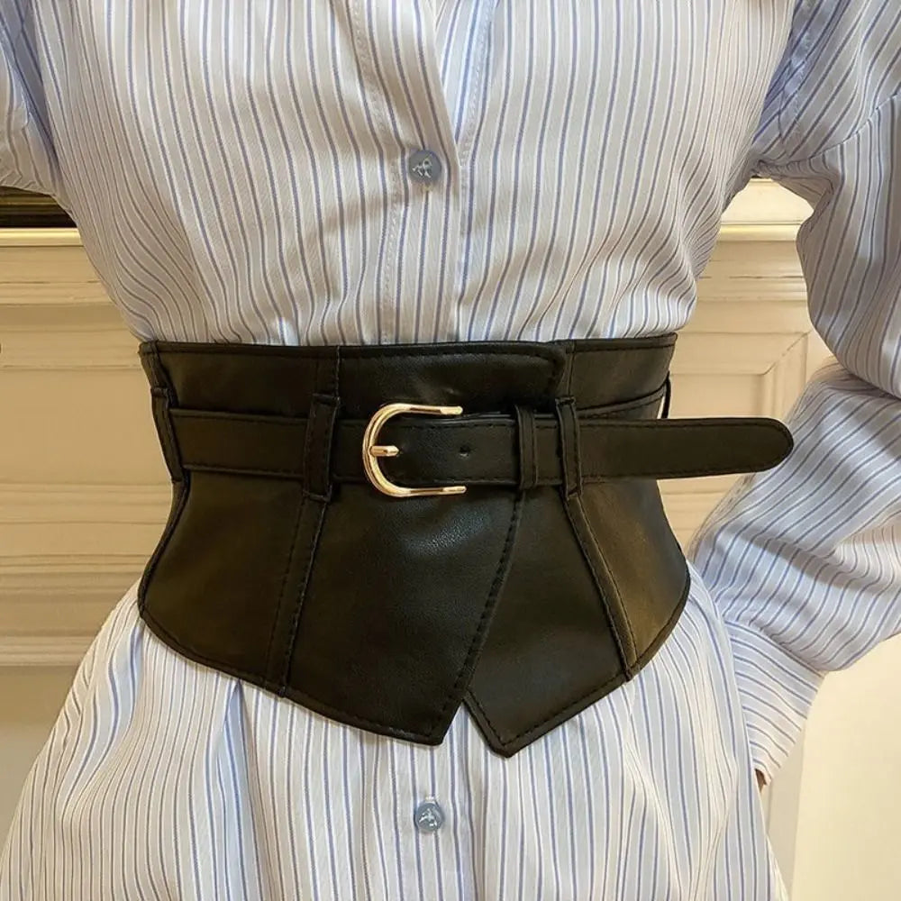 Punk Adjustable Elastic Cummerbunds Black Solid Color Wide Belt PU Leather Waistband Waist Corset Girl