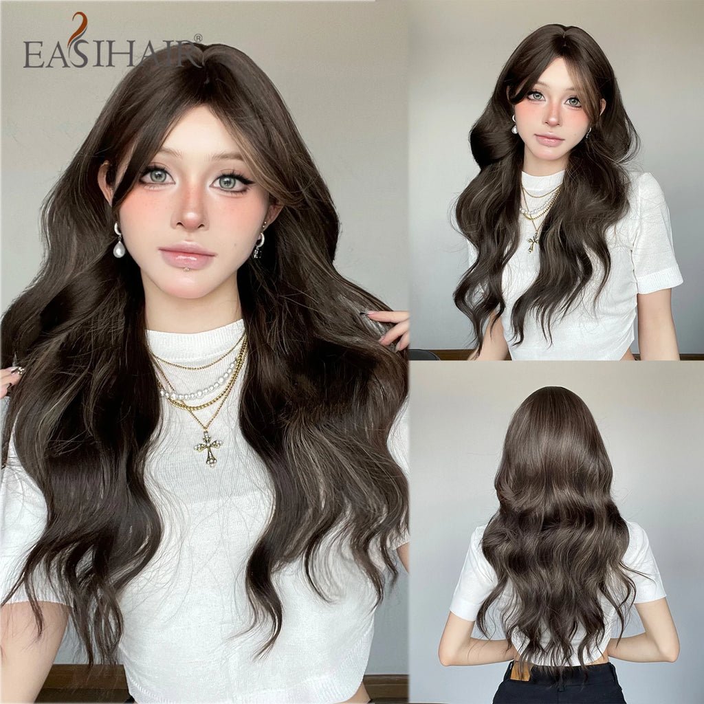 EASIHAIR Long Wavy Synthetic Wigs For Women Brown Blonde Highlight Wavy Wigs With Side Bangs Natural Wave Hair Daily Cosplay Wig
