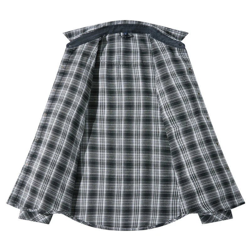 Spring Autumn Men's Plaid Shirts Men Retro Pearl button Long Sleeve Cotton Shirt Mens Windbreaker Flannel Shirt Clothing