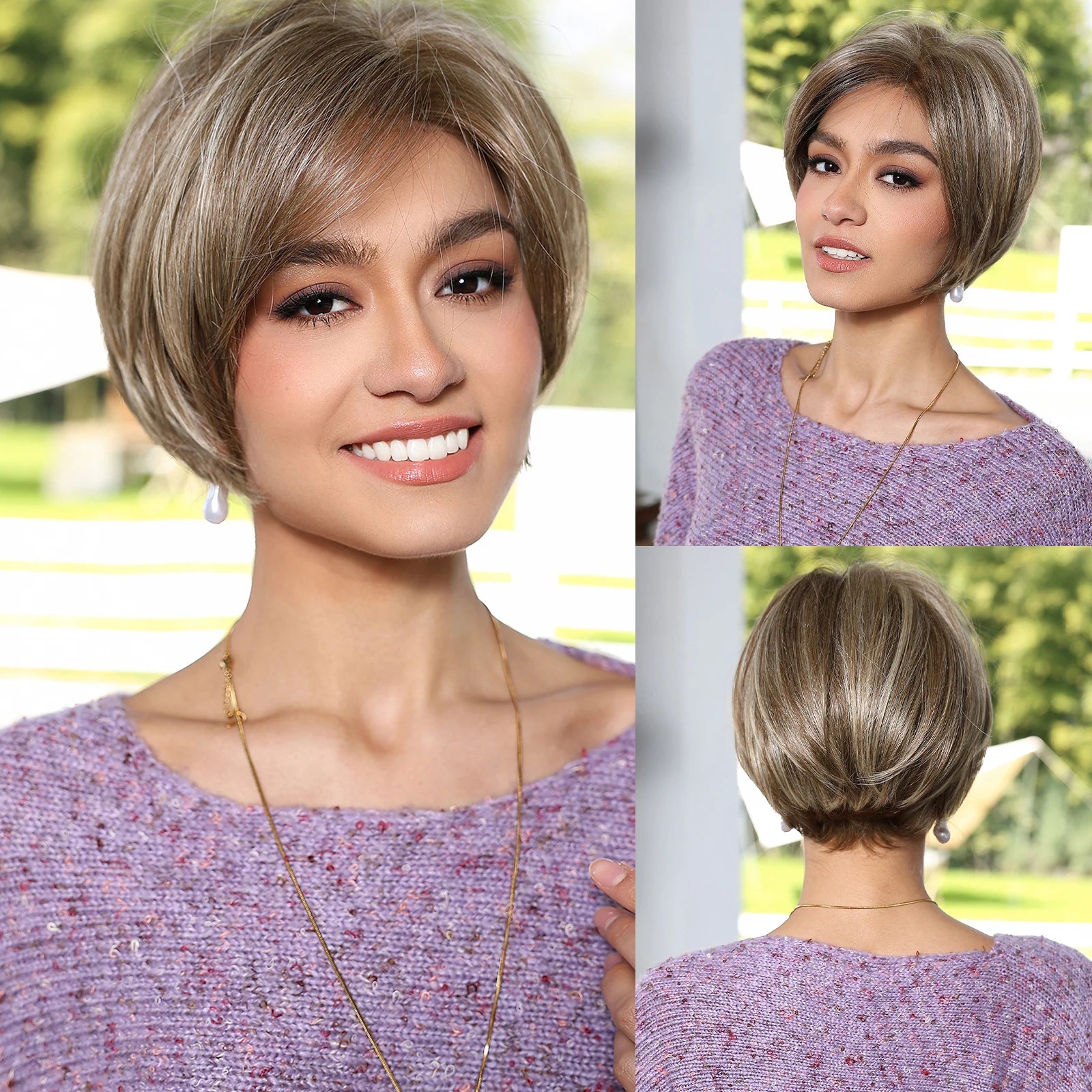 MONO Lace Frontal Synthetic Wigs Short Straight Bob Wig Highlight Gray Brown Blonde Mixed Wig for Women Daily wig Hear Resistant