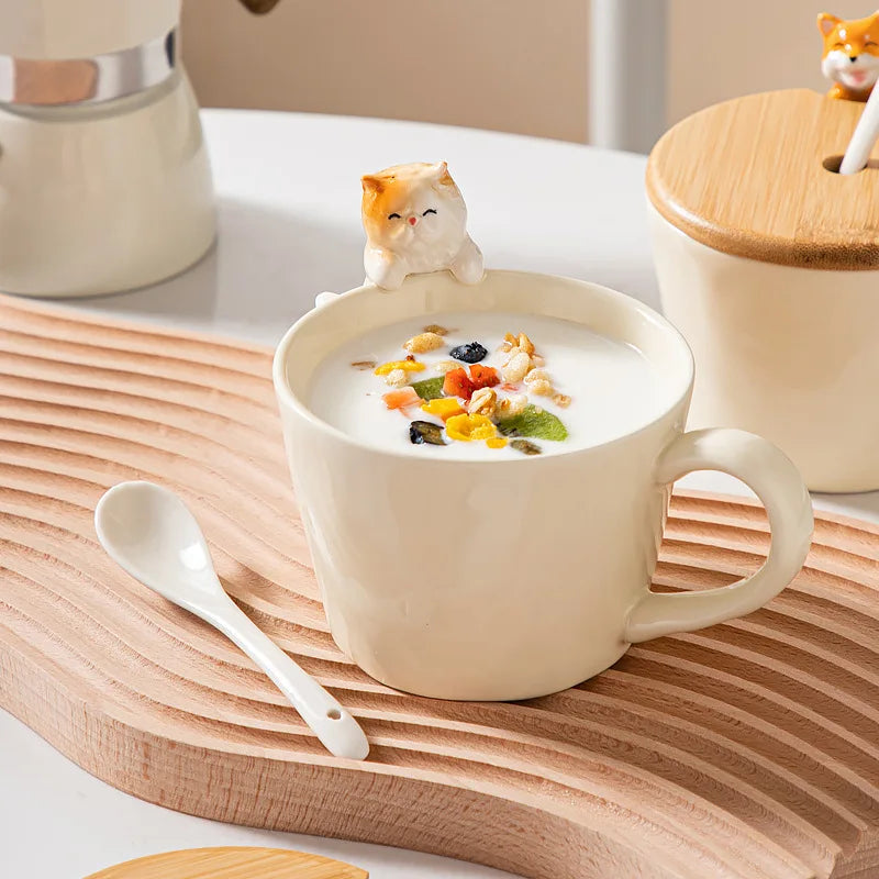Tea Dog Cat 3D Shaped Cup Cartoon Ceramic with Cover Cute Mug Coffee Cups Birthday Gift Dessert Milk Mugs Home Decoration Couple