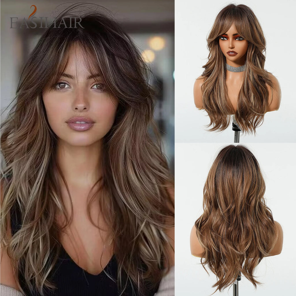EASIHAIR Long Wavy Synthetic Wigs For Women Brown Blonde Highlight Wavy Wigs With Side Bangs Natural Wave Hair Daily Cosplay Wig