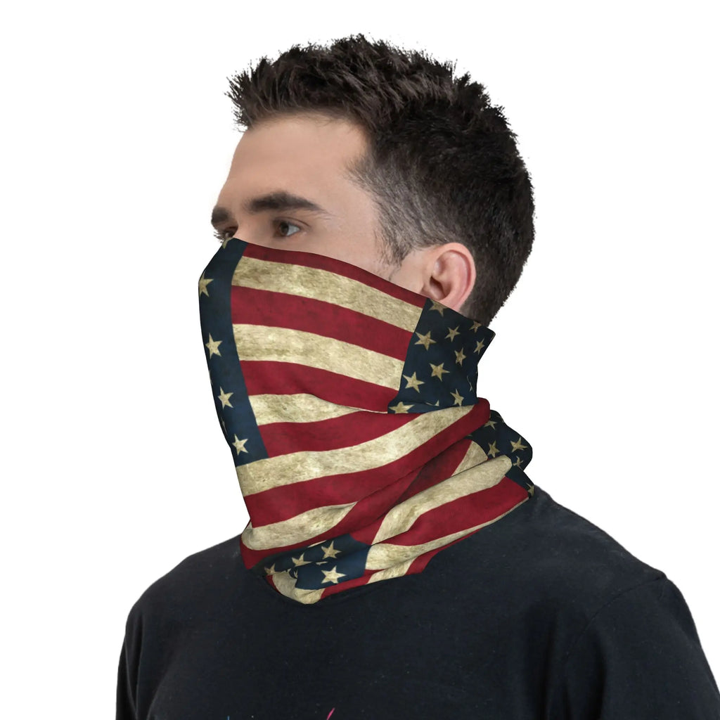 Custom Vintage American Flag Bandana Neck Gaiter for Hiking Hunting Women Men Wrap Scarf USA Proud Balaclava Warmer