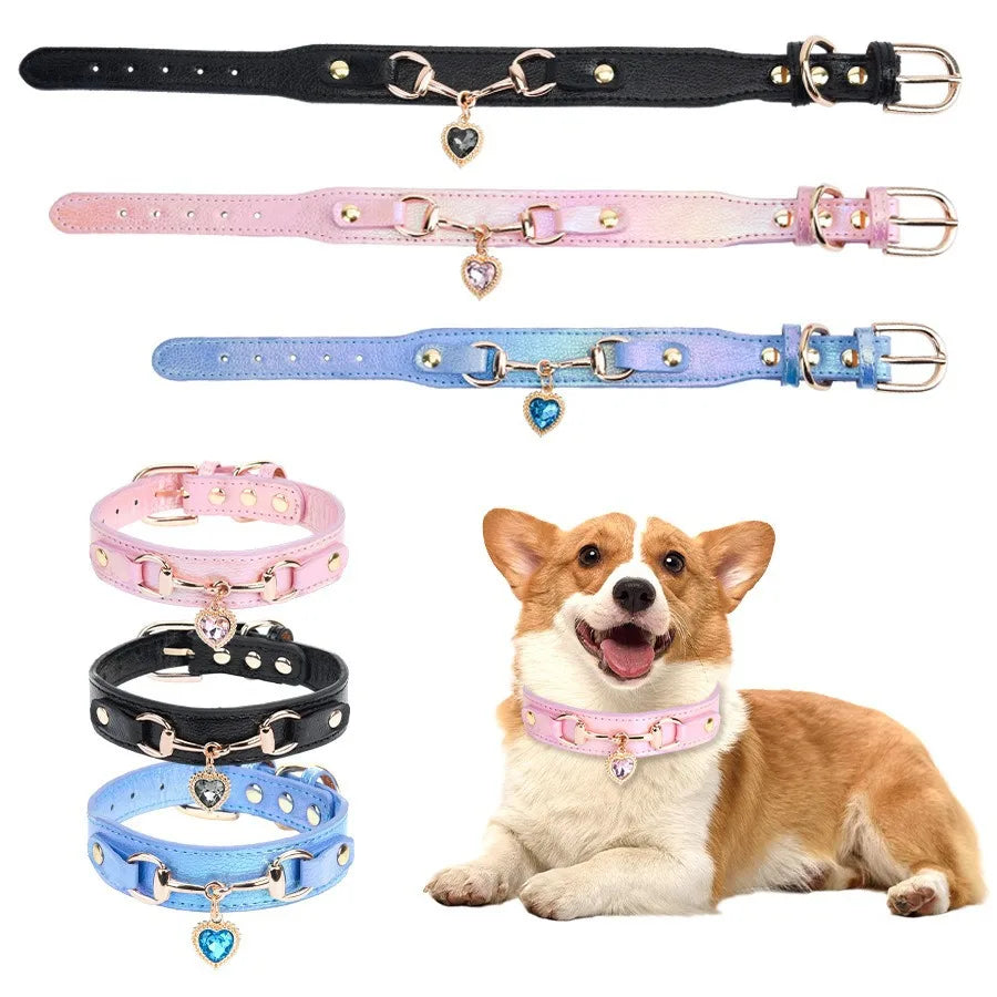 New Dog Collar Love Water Diamond PU Collar Metal Accessories Cat Neck Ring Fashion Design Cat Necklace