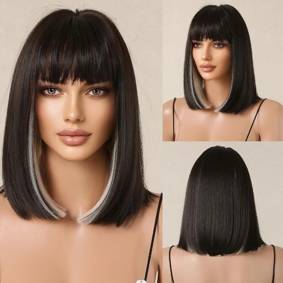 Short Straight Bob Wigs for Women Black Brown Synthetic Natural Hair Wig with Bangs Heat Resistant Cosplay Daily Use Hair
