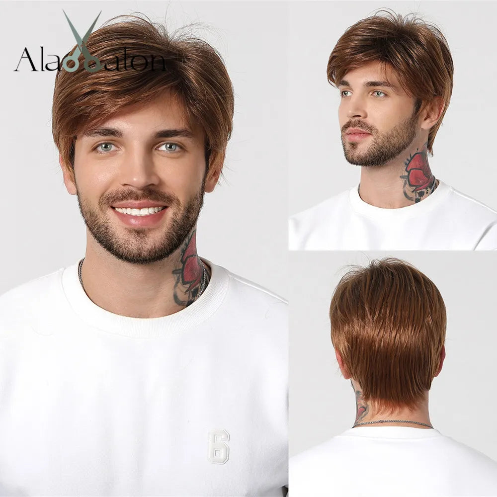 ALAN EATON Dark Brown Short Wig for Men Side Part Synthetic Layered Wigs with Bangs Natural Looking Synthetic Hair Full Wig
