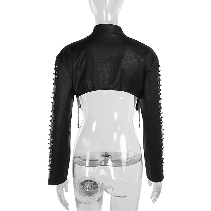 Punk Faux Leather Cropped Jacket Women Spring 2024 Streetwear Sexy Slim Fit Rivet PU Blouse Top