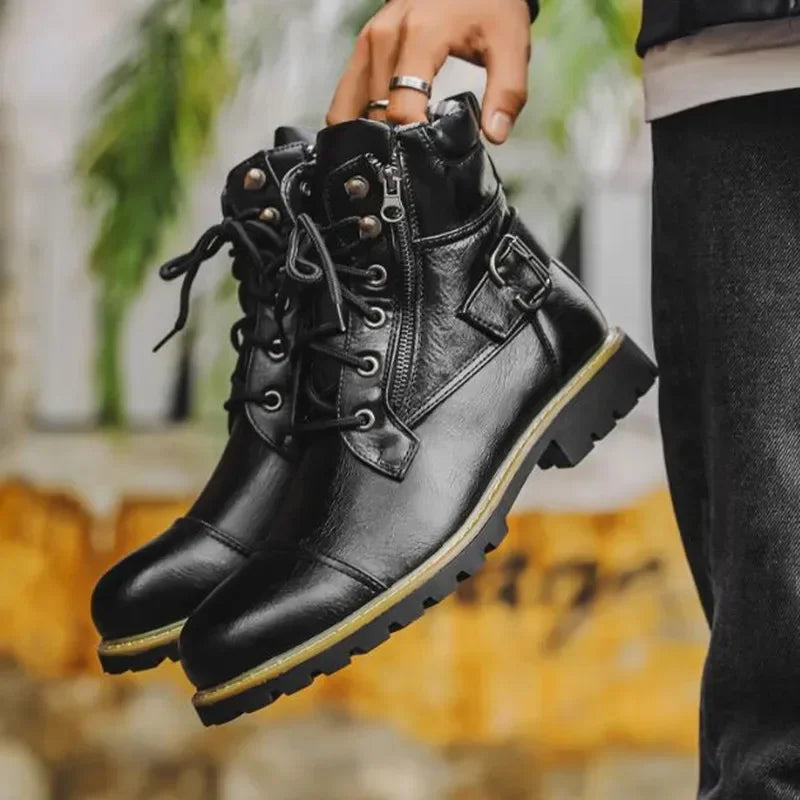 Men Motorcycle Leather Boots Double Zipper Square Heel Males Shoes Fashion Leisure Design Men Cycling Boot 2025 Autumn Winter