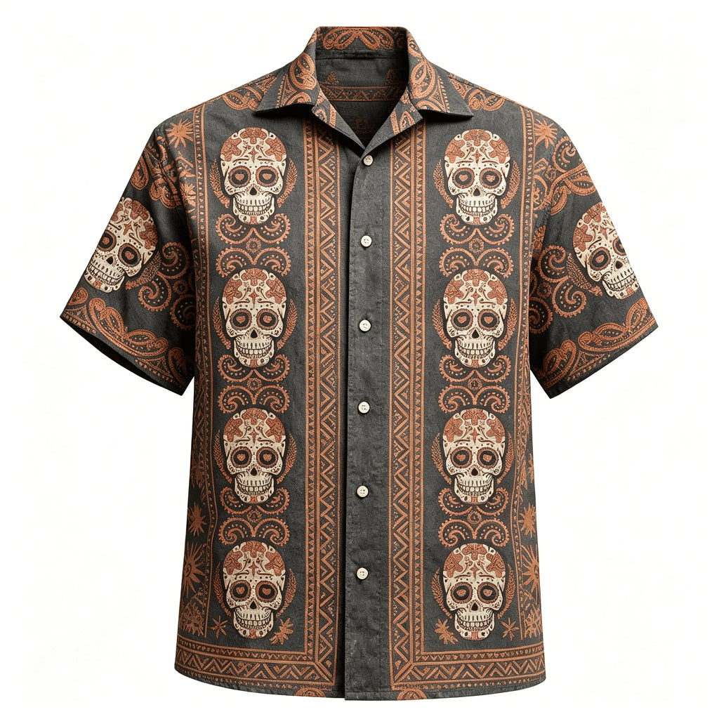 Men's Hawaiian Sugar Skull Shirt, Floral Hibiscus Print, Casual Summer Beach Button-Down