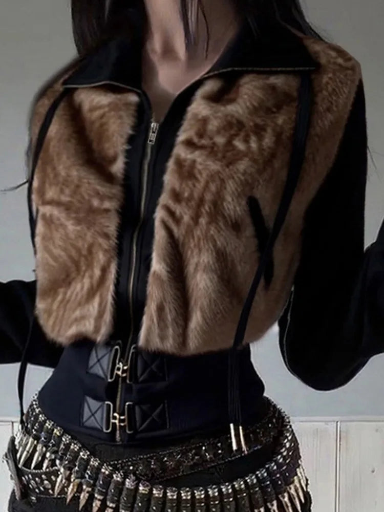 AltGoth Gothic Y2k Warm Jacket Women Vintage Streetwear Harajuku Grunge Emo Alternative Fur Patchwork Long Sleeve Coats Female