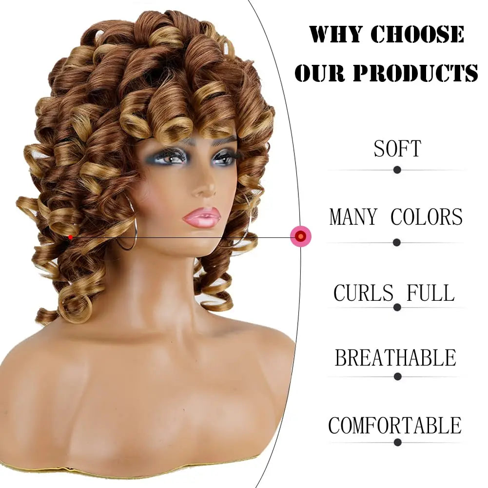 Short Curly Wig for Black Women, Soft Brown Blonde Big Curly Hair with Bangs, African Curly Hair, Heat-Resistant Daily Synthetic Wig for African American Women (T27)