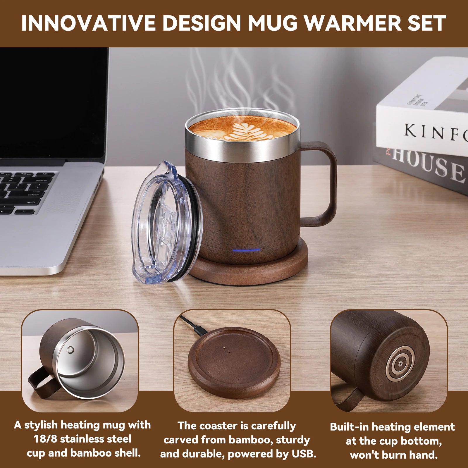 Self-Heating Coffee Mug Smart USB Warmer with 55°C (131°F) Thermostat Double Layer Food Grade Cup Warmer for Office/Home/Gifts