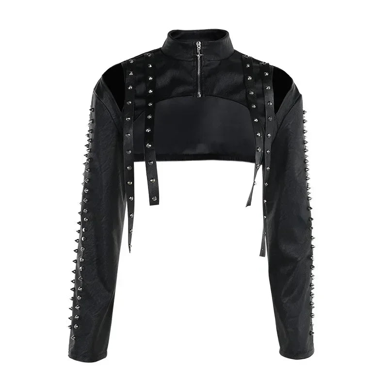 Punk Faux Leather Cropped Jacket Women Spring 2024 Streetwear Sexy Slim Fit Rivet PU Blouse Top
