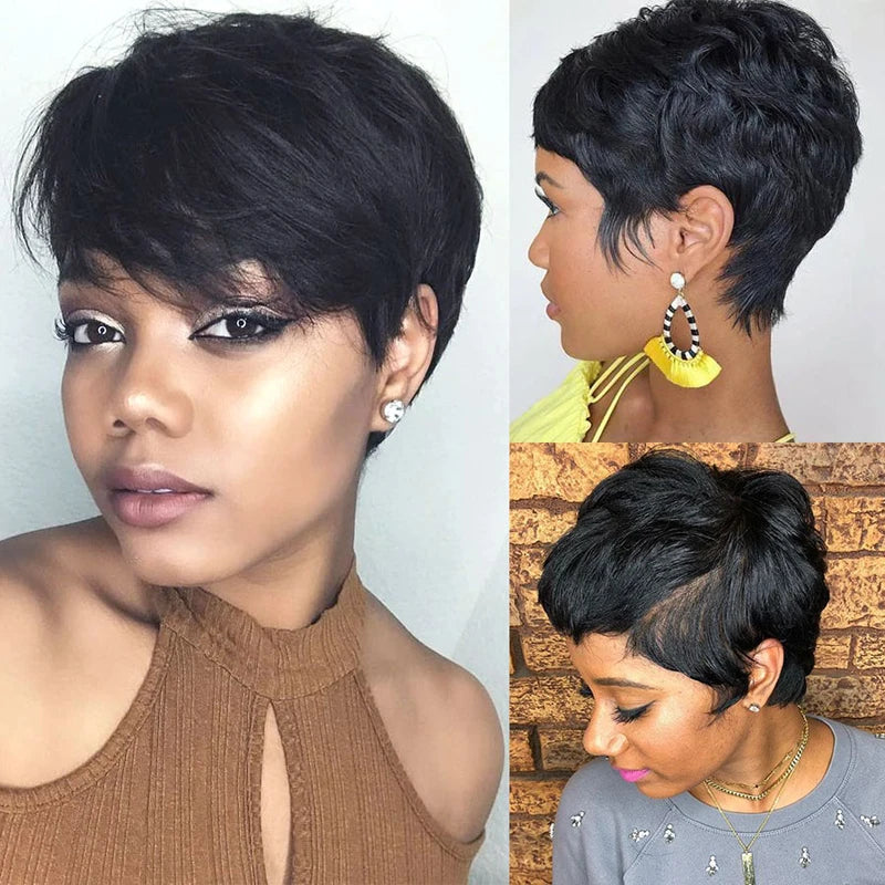Short Bob Straight Human Hair Wigs  Full Machine Made Pixie Cut Wig With Bangs Cheap Wigs on Clearance Sale
