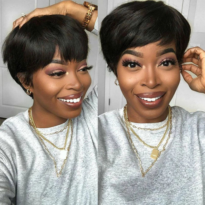 Short Bob Straight Human Hair Wigs  Full Machine Made Pixie Cut Wig With Bangs Cheap Wigs on Clearance Sale