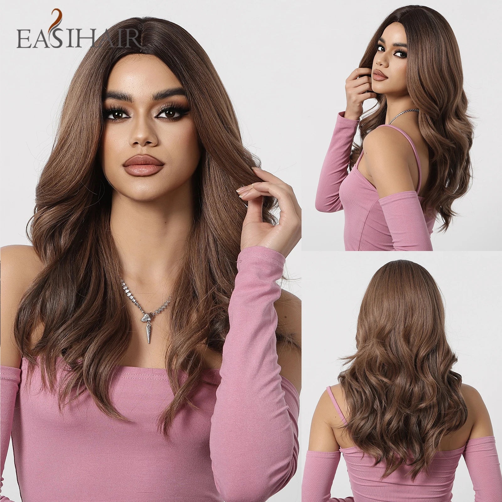 EASIHAIR Long Wavy Synthetic Wigs For Women Brown Blonde Highlight Wavy Wigs With Side Bangs Natural Wave Hair Daily Cosplay Wig
