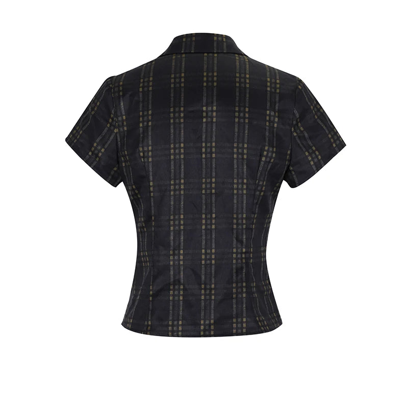 New Women's This Classic Plaid Pleated Button-Down Short-Sleeved Shirt is a Retro-Style Casual Slim Fit Suitable For Everyday