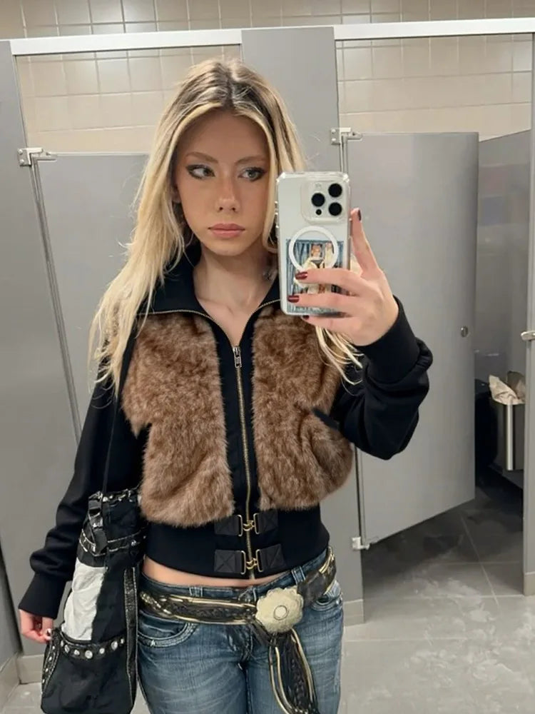 AltGoth Gothic Y2k Warm Jacket Women Vintage Streetwear Harajuku Grunge Emo Alternative Fur Patchwork Long Sleeve Coats Female