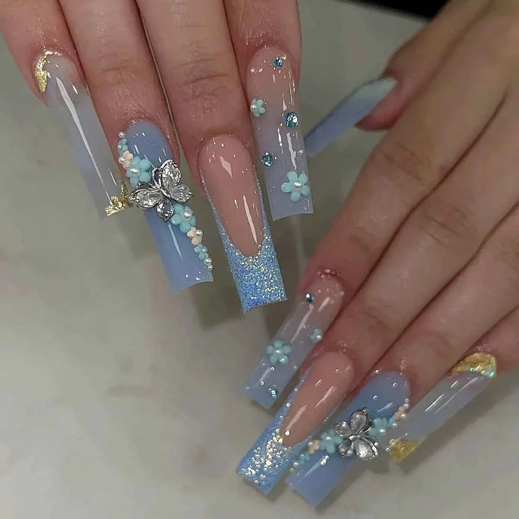 24pc Long Square French Press On Nails - 3D Heart & Rhinestone Design
