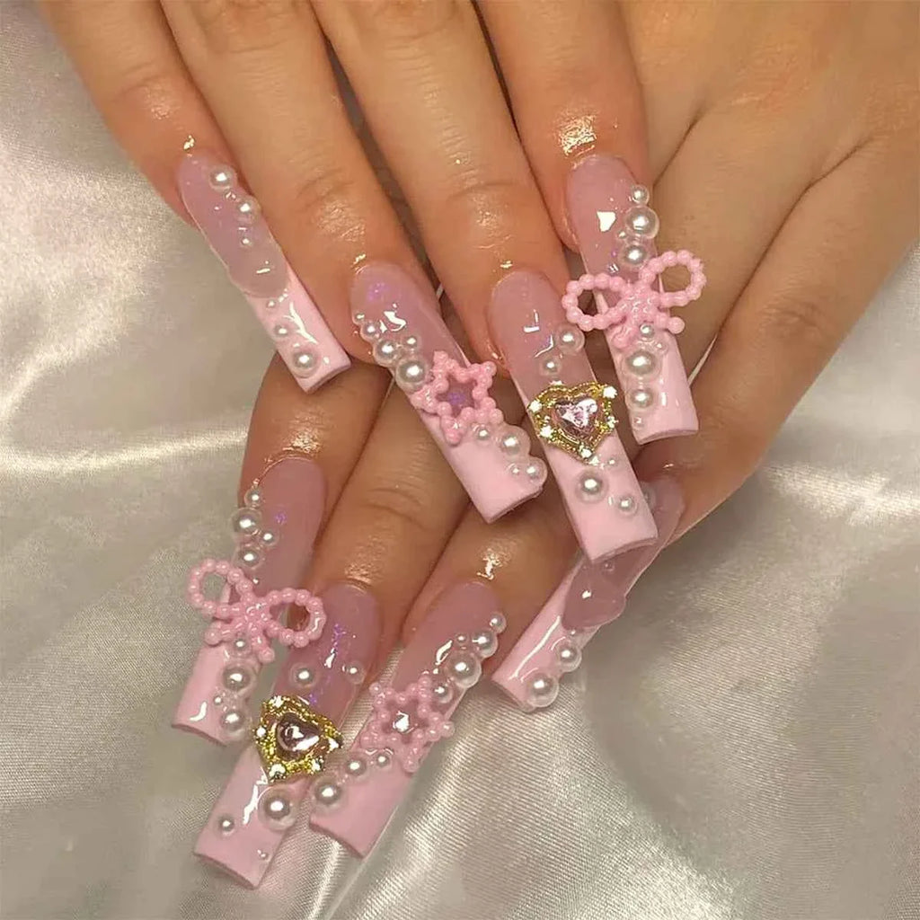 24pc Long Square French Press On Nails - 3D Heart & Rhinestone Design
