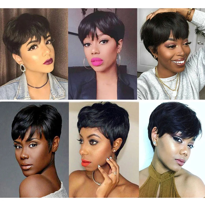 Short Bob Straight Human Hair Wigs  Full Machine Made Pixie Cut Wig With Bangs Cheap Wigs on Clearance Sale