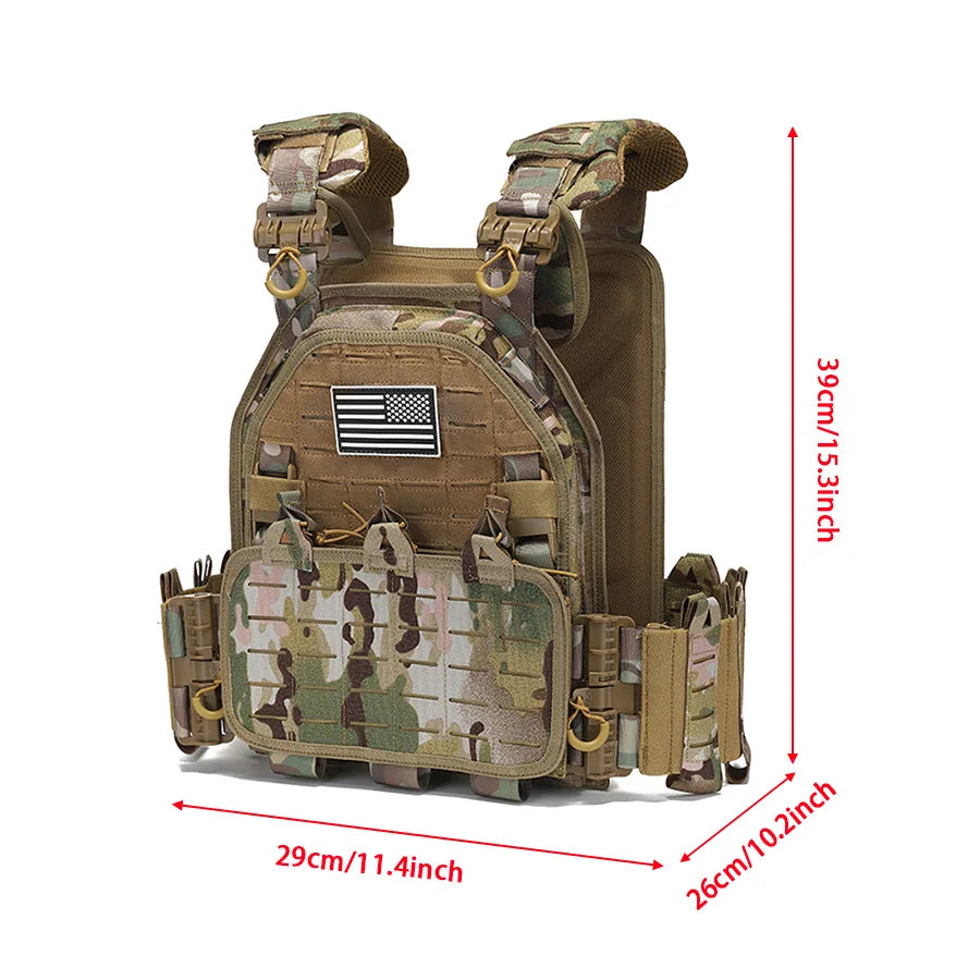 Lightweight design hunting vest with hidden triple equipment bag in front, made of wear-resistant and tear resistant material