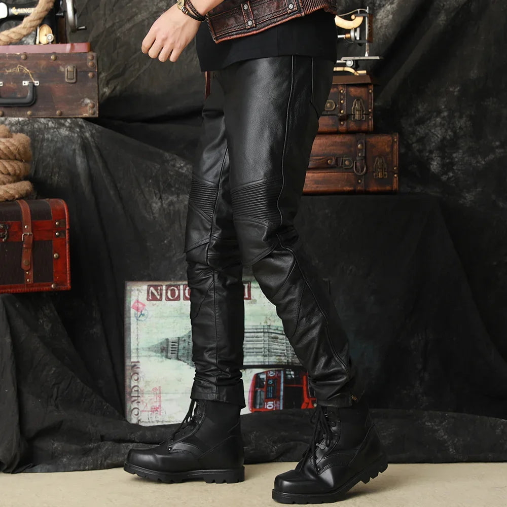 Motorcycle Biker Windproof Genuine Leather Pants Punk Style Skinny Slim Fit Leather Cowhide Pencil Pants Black Riding Trousers