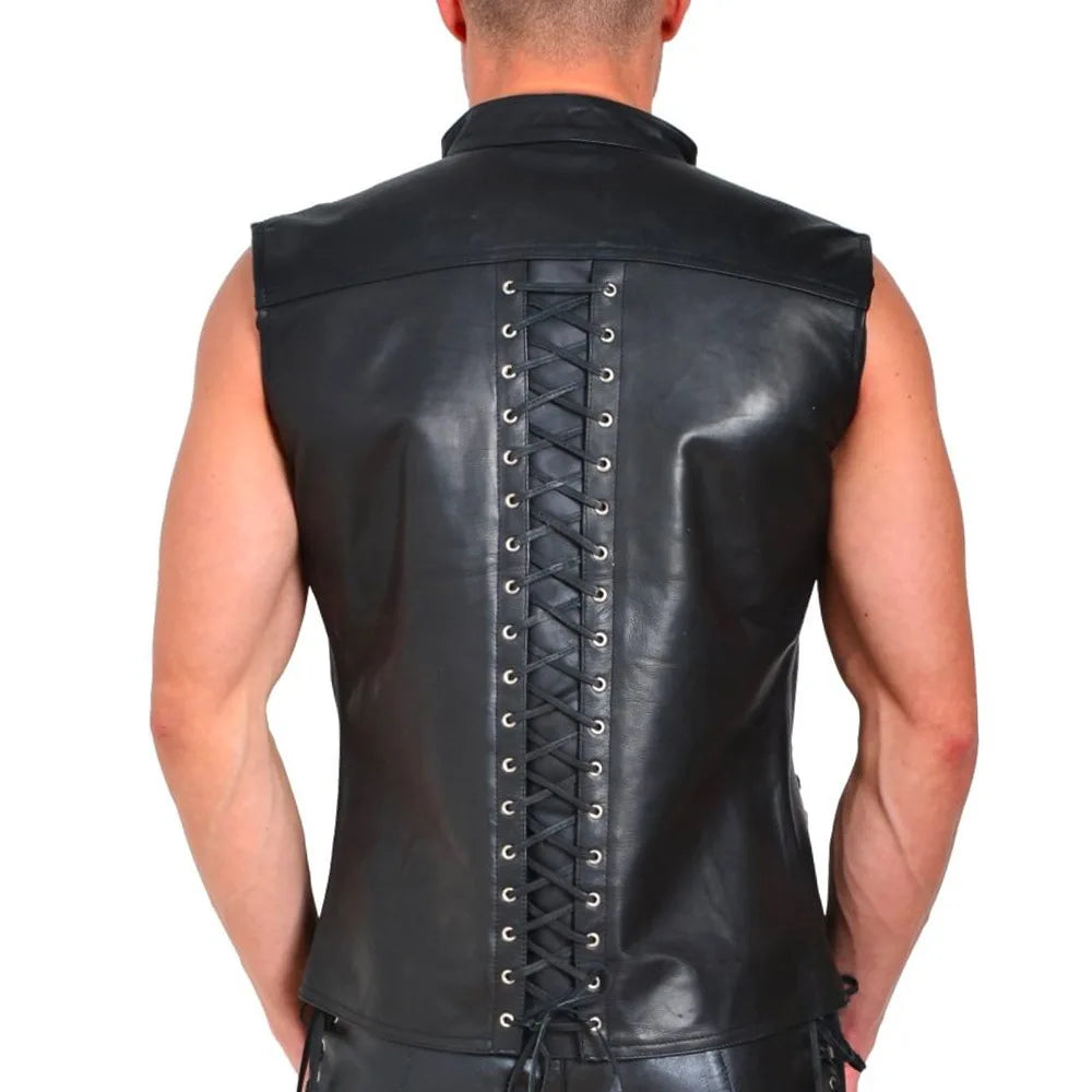 Men's Punk Style Leather Vests With Bandage Fashion Club Stage Wear Waistcoat Skinny PU Sleeveless Jacket For Male Size M-4XL