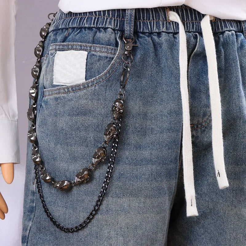 Gothic Punk Curb Chain with Skull Pendants Heavy Duty Black Waist Chain for Men Women Hip Hop Y2K Keychain Belts Accessory