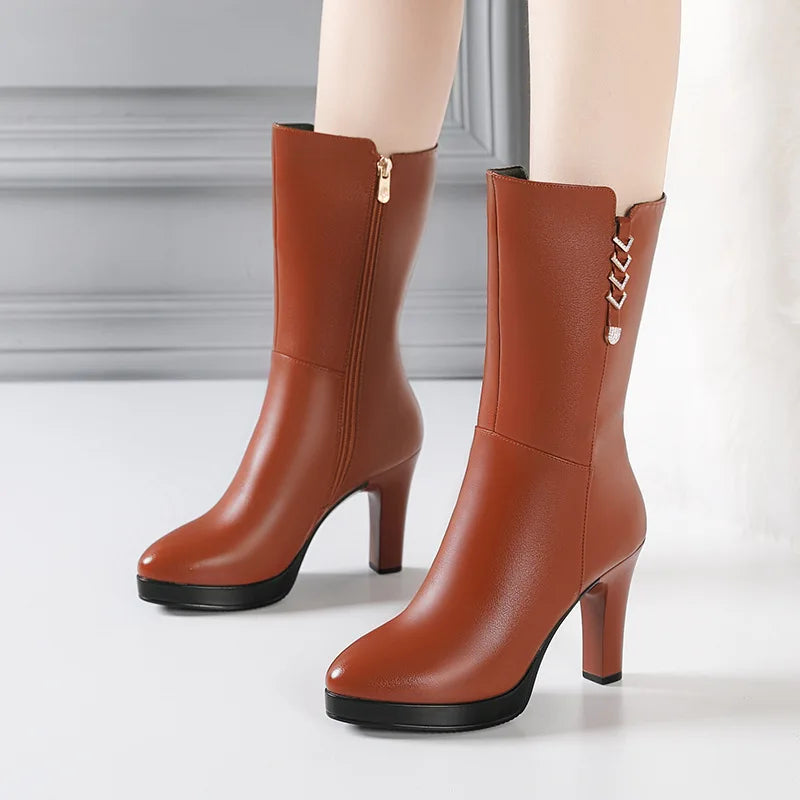 10cm Fashion Comfortable Mid Calf Motorcycle Boots Women's Platform Shoes Winter 2025 Block High Heels Warm Plush Leather Botas