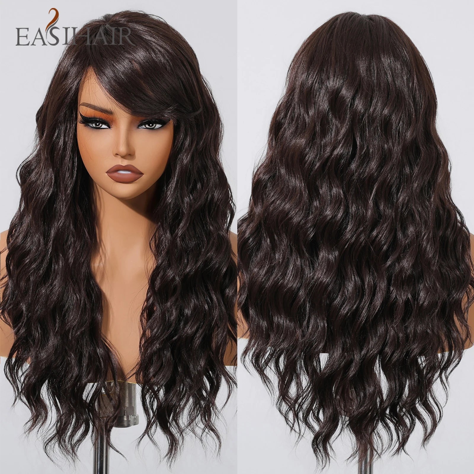 EASIHAIR Long Wavy Synthetic Wigs For Women Brown Blonde Highlight Wavy Wigs With Side Bangs Natural Wave Hair Daily Cosplay Wig
