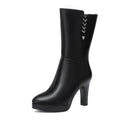 10cm Fashion Comfortable Mid Calf Motorcycle Boots Women's Platform Shoes Winter 2025 Block High Heels Warm Plush Leather Botas