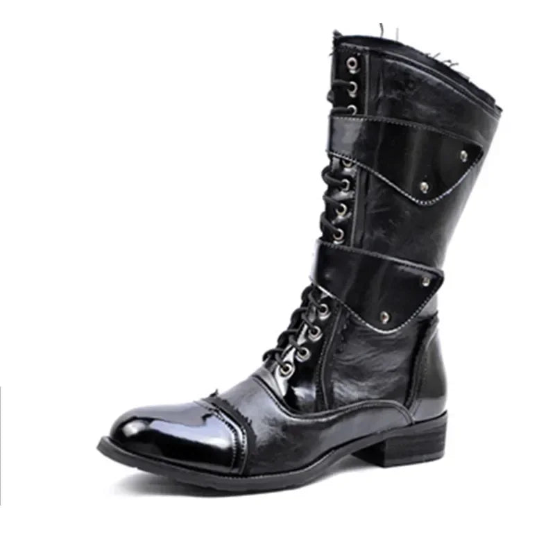Gothic Punk Cosplay Dance Boots for Men 2025 Fall Winter Mid Leg Patent Leather Warm Motorcycle Boots Male Shoes for Office