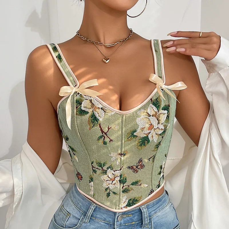 Sexy Strap Bra Tops French Style Floral Printing Retro Vest Style Double Strap Sling Chest Support Body Shapewear Vintage Corset