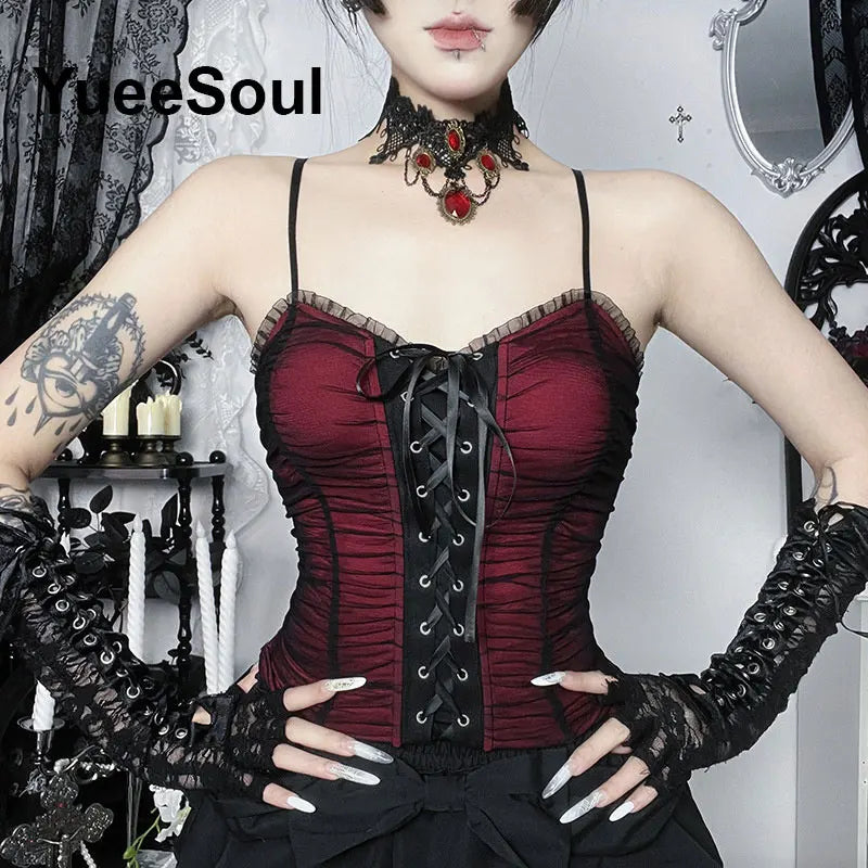 Gothic Crop Tops Black Lace Mesh Tanks Tops 2026 New Y2K Goth Punk Grunge Fairy Core Sexy Y2K Halloween 2000s Women Clothing