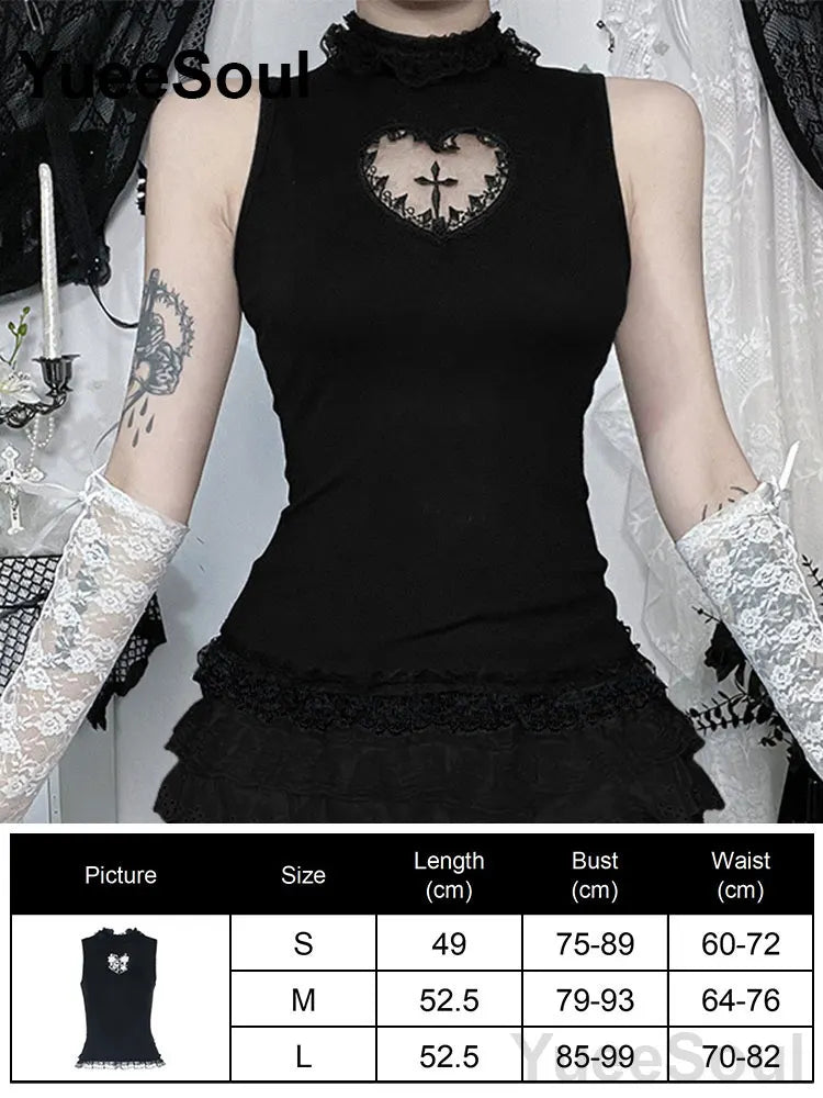 Gothic Crop Tops Black Lace Mesh Tanks Tops 2026 New Y2K Goth Punk Grunge Fairy Core Sexy Y2K Halloween 2000s Women Clothing